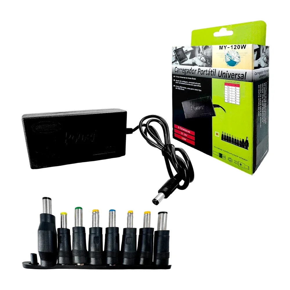 Cargador universal de laptop con 9 puntas intercambiables y regulador de voltaje / my-120w