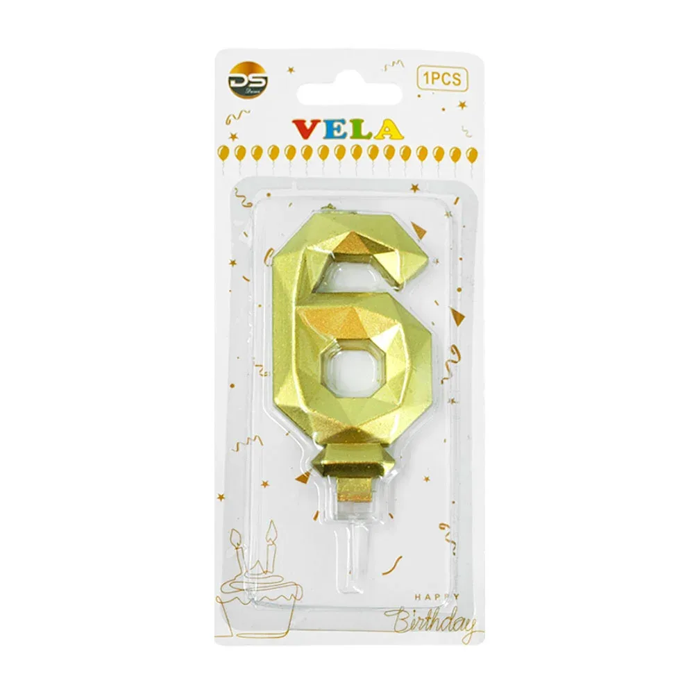 1pza Vela con efecto metálico dorado y forma no.6 para pastel / ds09511