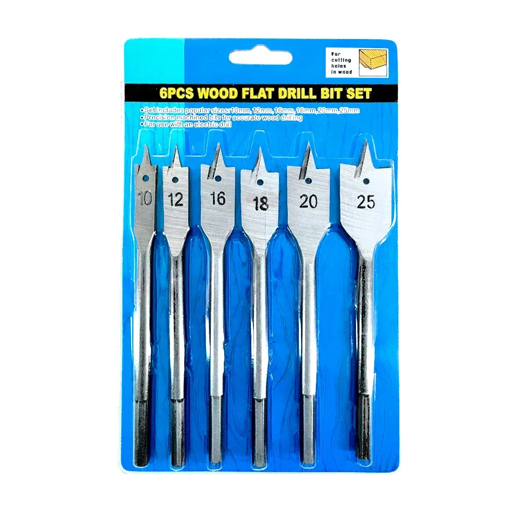 Paquete con 6 brocas planas para madera de 10mm, 12mm, 16mm, 18mm, 20mm y 25mm / 6pcs wood flat drill bit set / tl43504