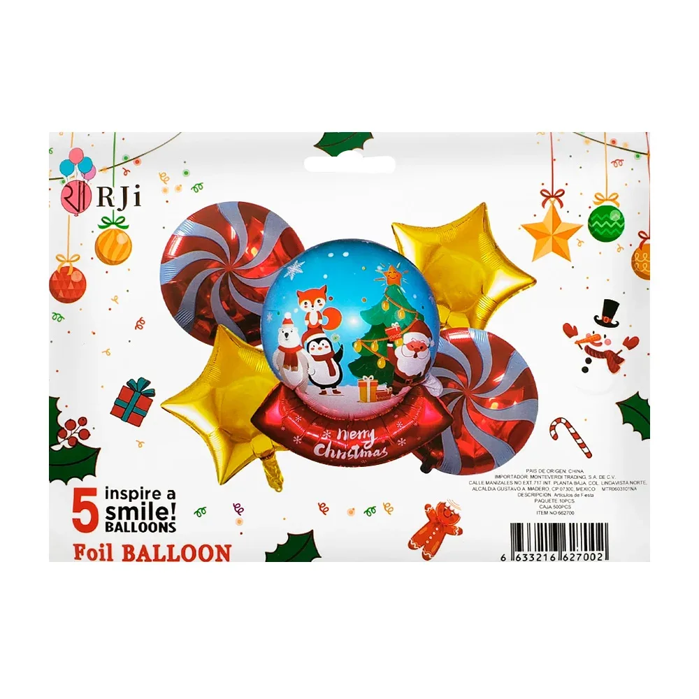 Set de 5 globos metálicos con diseño navideño merry christmas / 662700