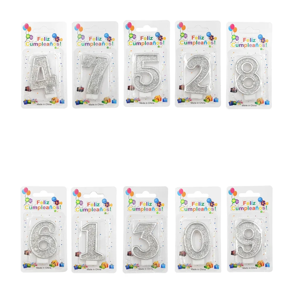 1pz Vela para cumpleaños plata de brillantina con bordes elevados, variedad