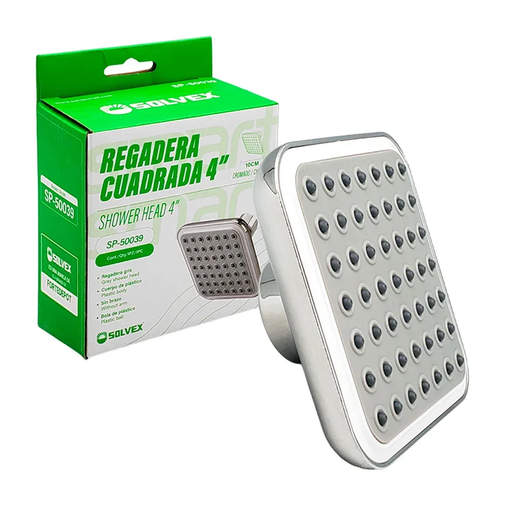 Regadera cuadrada solvex 4in-10cm, gris de plástico de alta resistencia