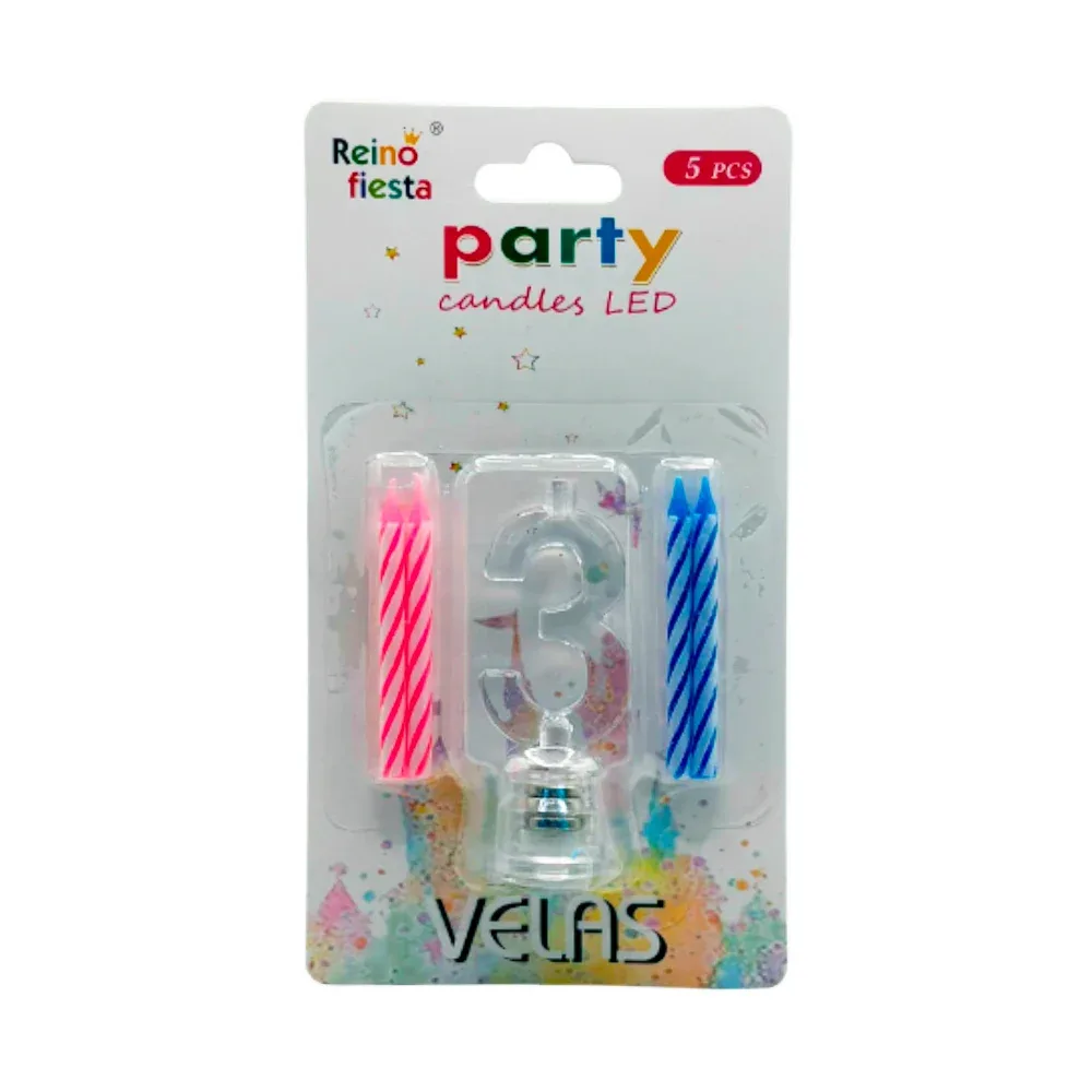 Portavelas número 3 transparente led + 4 mini velas / 50460