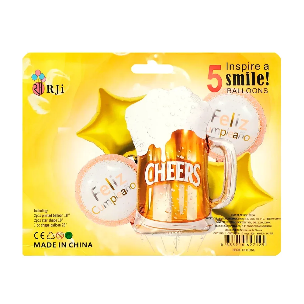 Paquete, 5 globos metálicos con diseño de cerveza - feliz cumpleaños y estrellas