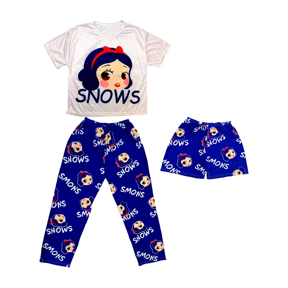 Conjunto de pijama para adulto de 3 piezas con pants, short y camisa de manga corta con diseño estampado de distintos personajes / lu5759