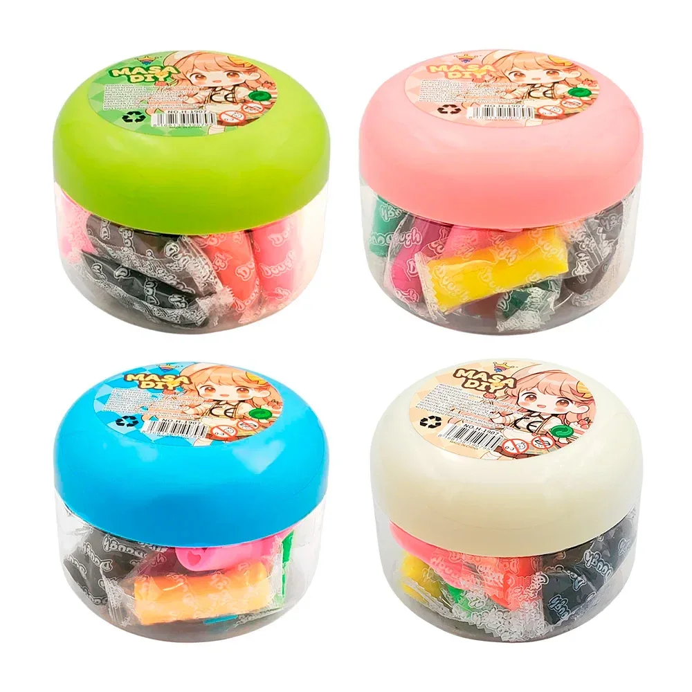 Bote redondo con 12 masas moldeables + moldes para hacer figuras, variedad