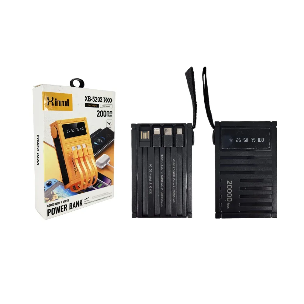 Power bank de 20000mah con y cables de carga, v8, tipo c, usb y lightning, variedad de colores / xb-5202