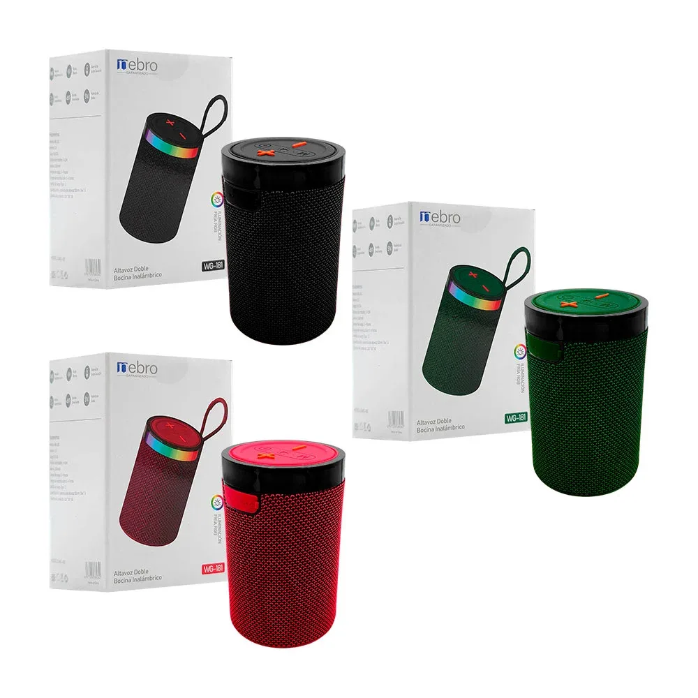 Bocina nebro inalámbrica, pequeña cilíndrica, sonido 360 + luz rgb / wg-181