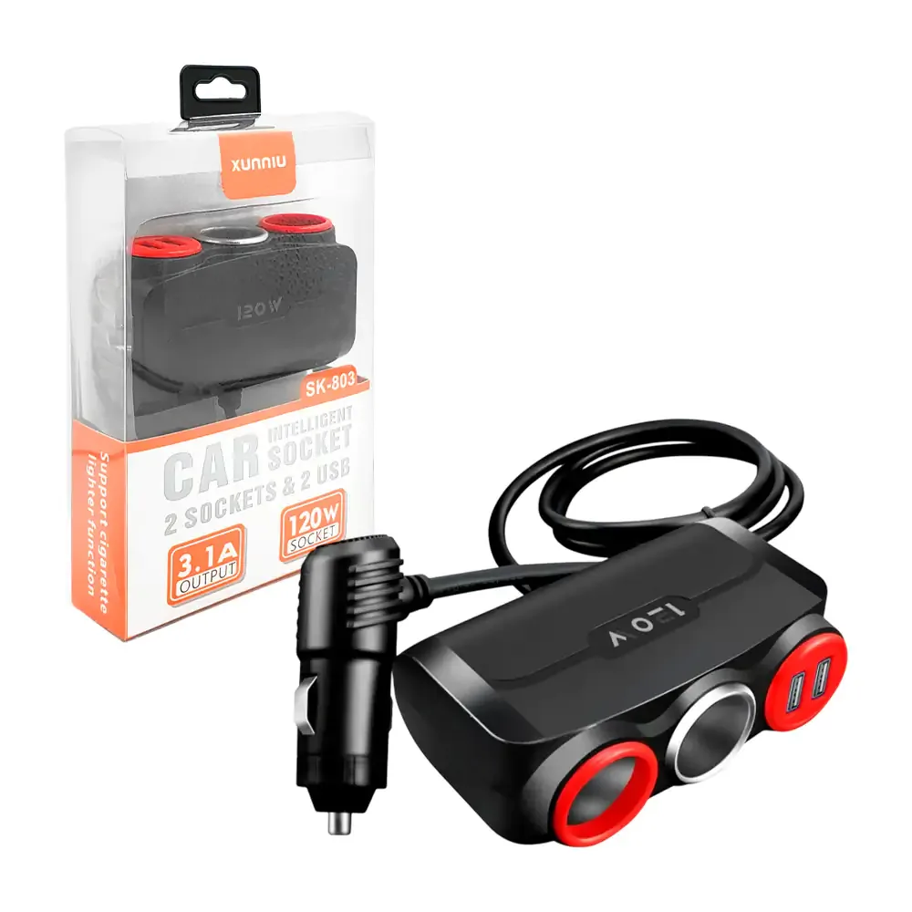 Cargador de carro con doble entrada de plug encendedor de 120w + 2 puertos usb