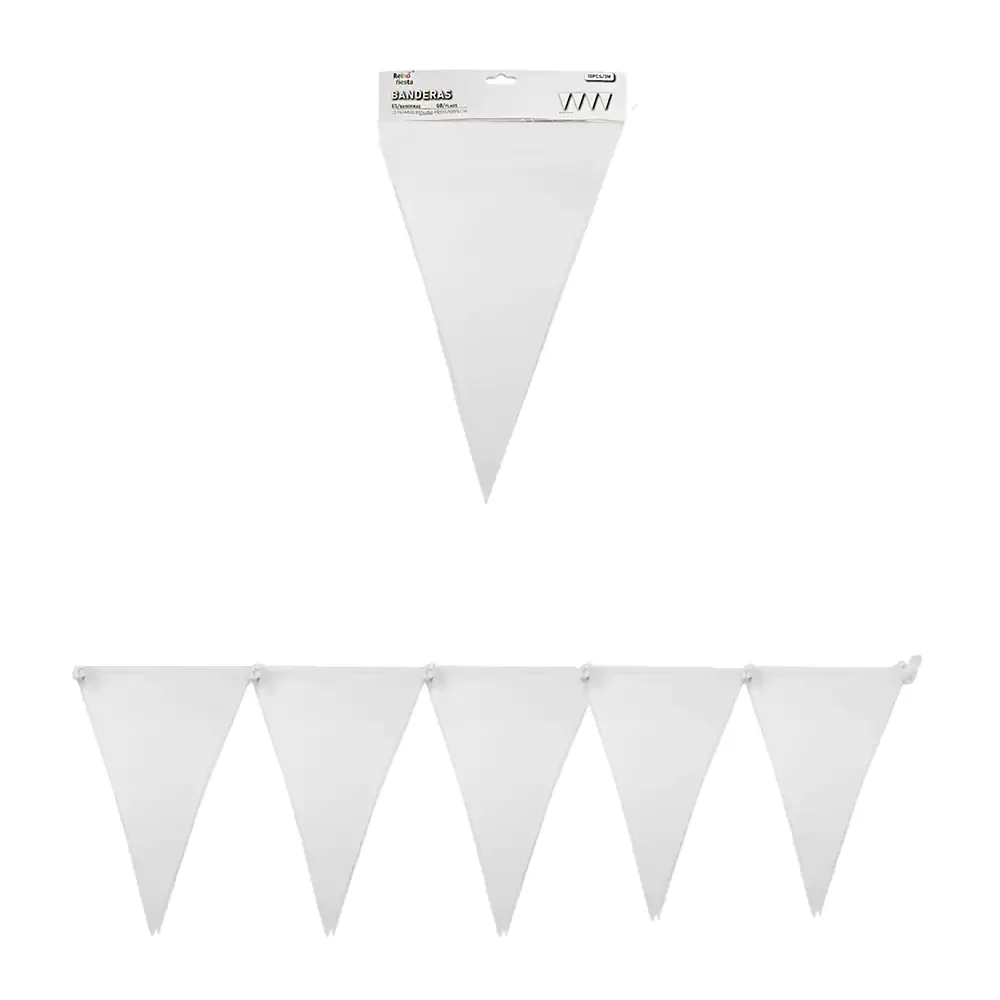 Banner banderín triangular reino fiesta con 10pz, color blanco y diseño liso, 3m