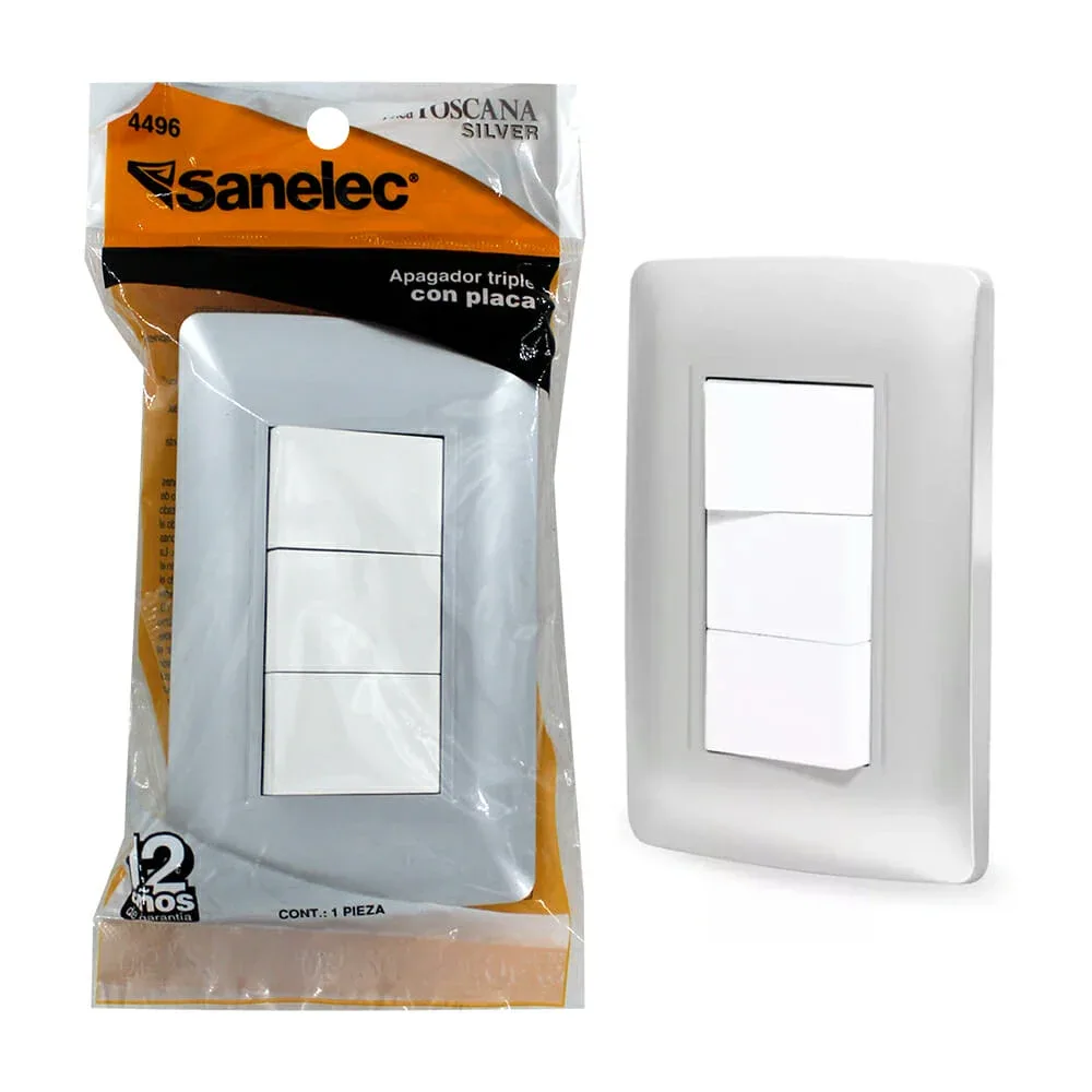 Placa sanelec apagador triple línea toscana silver / 4496