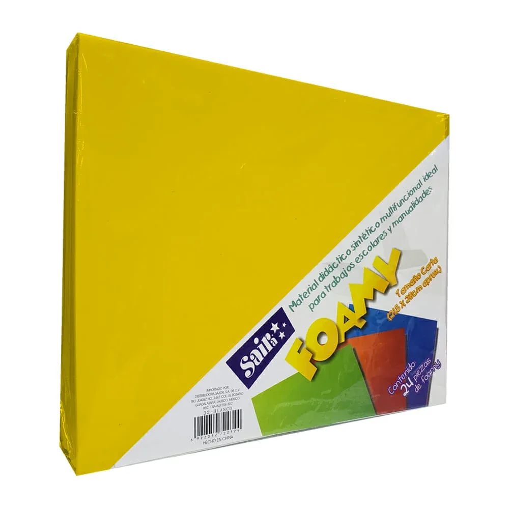 Paquete 24 pzas de foamy tamaño carta en color amarillo canario, 21.5x28cm / 22171