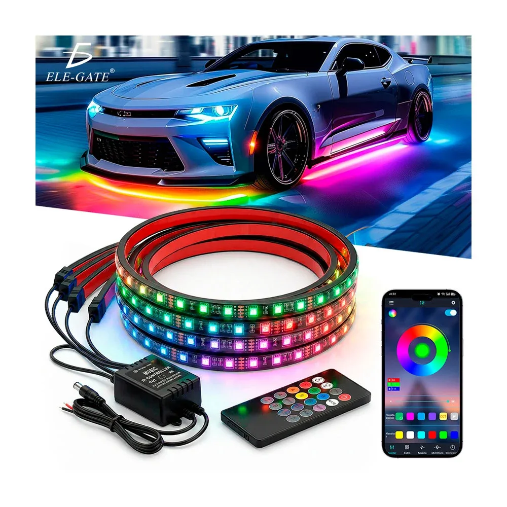 Paquete de 4 tiras led en tonos neón para chasis de auto, 90x2+120x2 / led.93