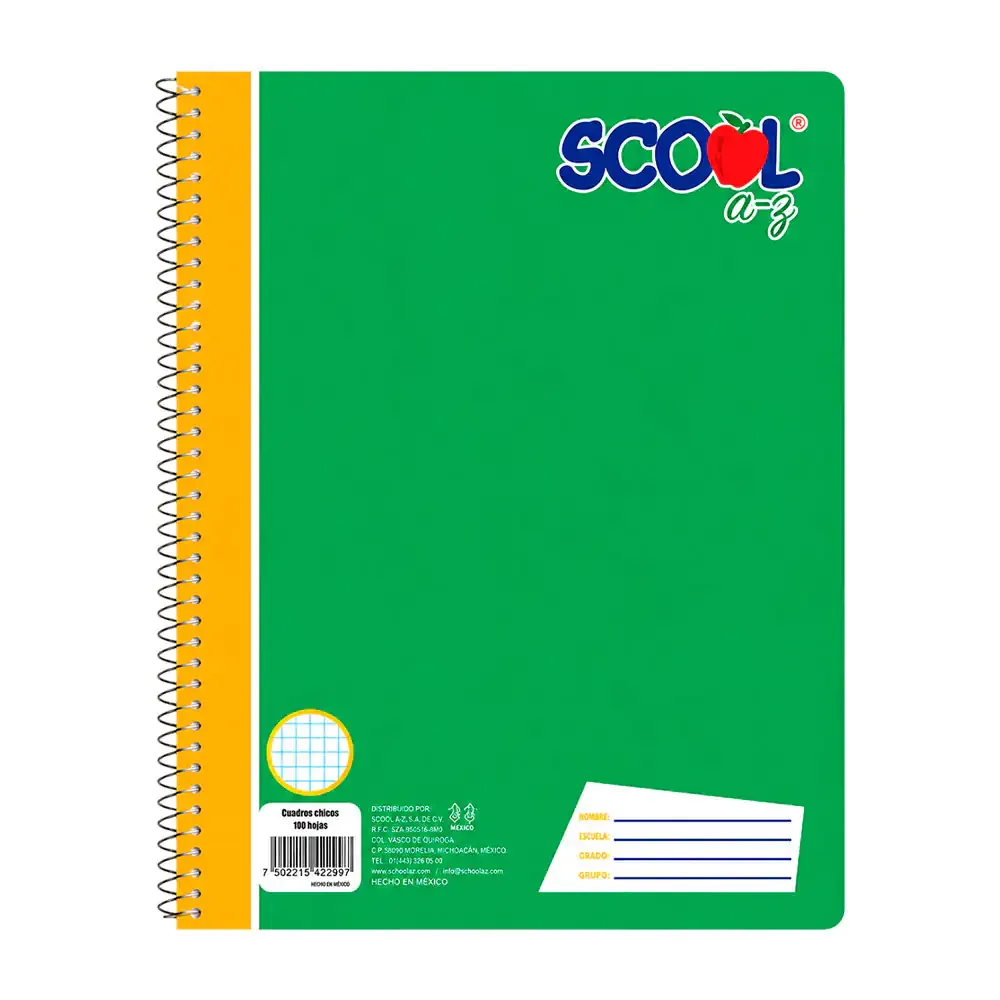 Cuaderno profesional scool cuadro chico 100 hojas, espiral metálico variedad de colores / 487035
