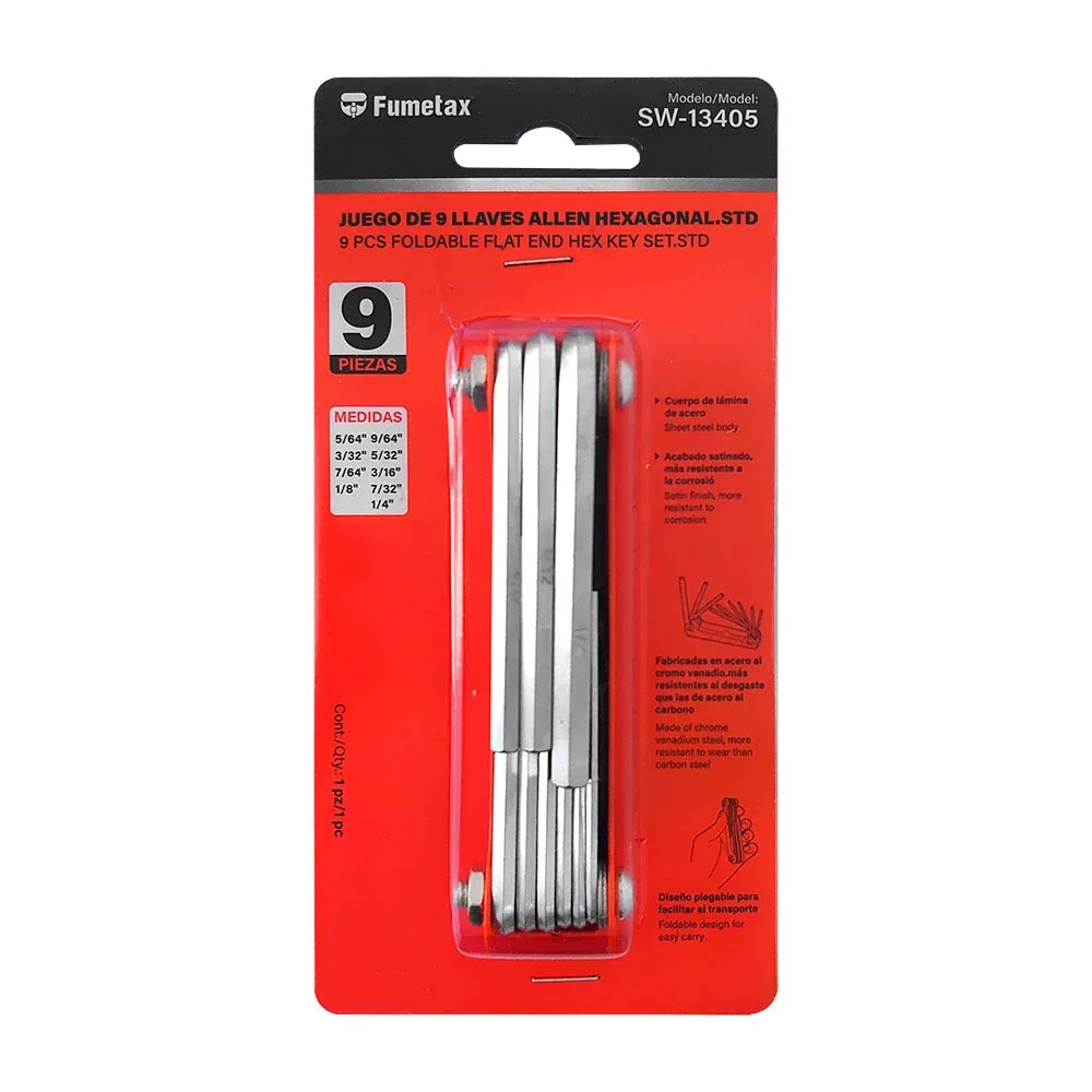 Blíster con juego de 9 llaves allen hexagonales con diversas pulgadas / sw-13405