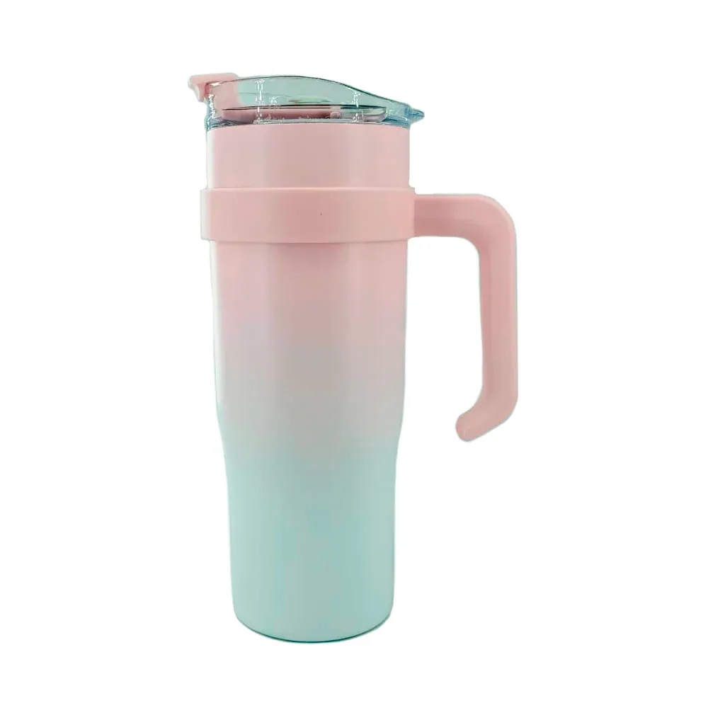 Termo bicolor o liso de acero inoxidable con agarradera de plástico y tapadera transparente 42oz 1250mls, variedad de colores