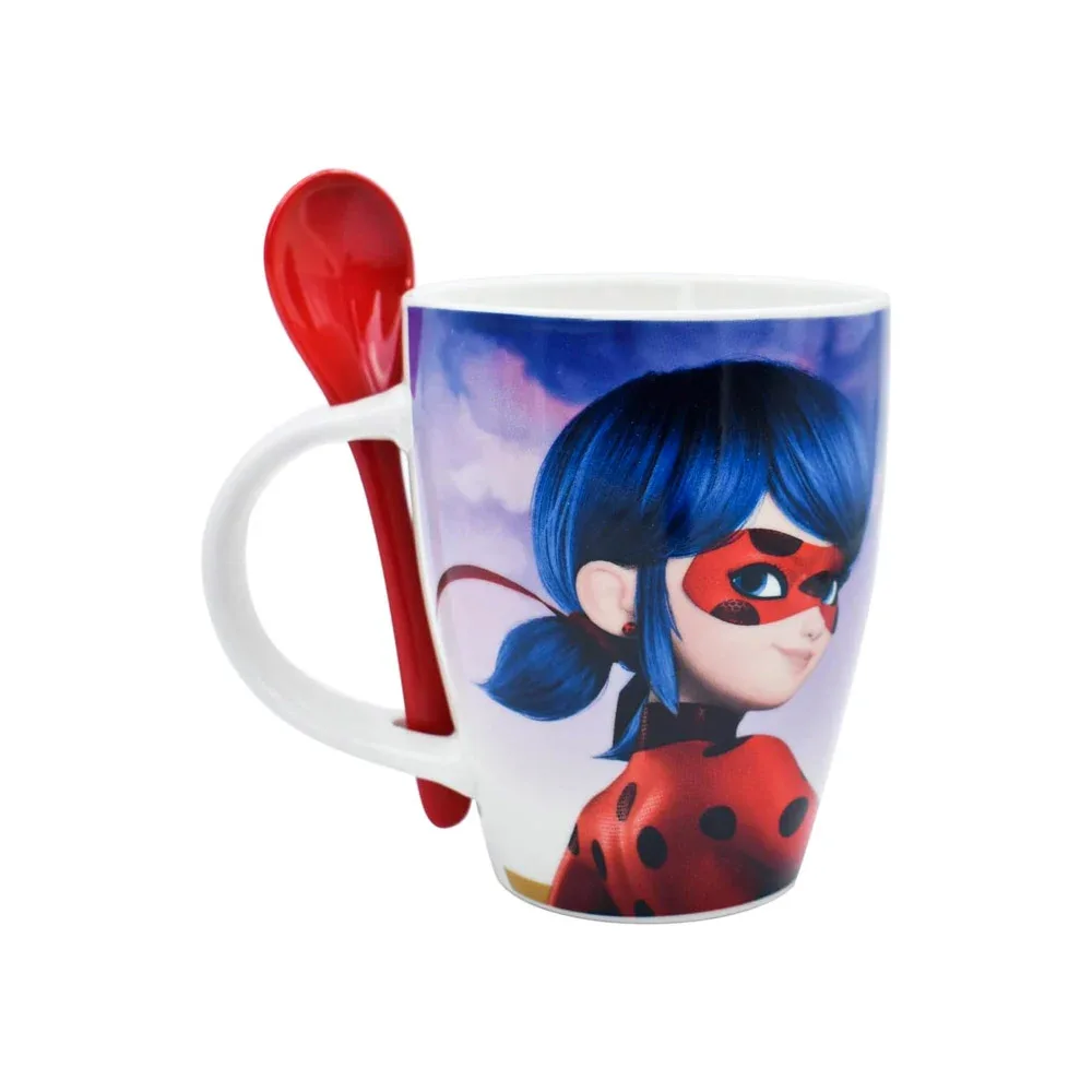 Juego de 2 tazas de porcelana con cucharas de cerámica y diseño de miraculous the movie con capacidad para 310ml / 1738-415