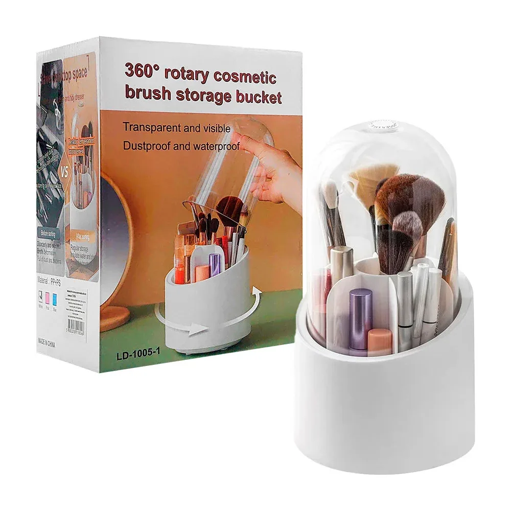 Cosmetiquera de escritorio rotativa, compartimientos y tapa transparente