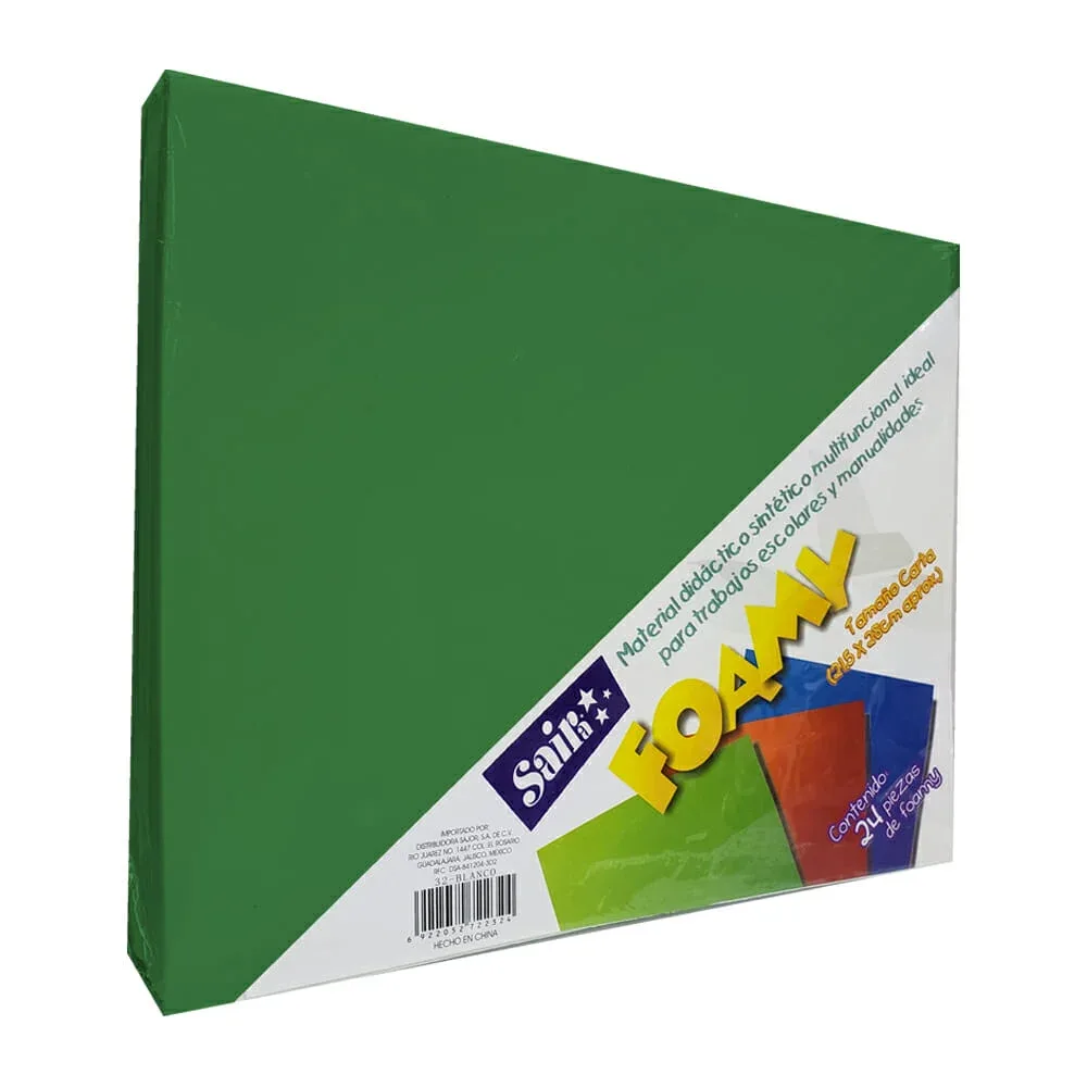 Paquete 24 pzas de foamy tamaño carta en color verde bandera, 21.5x28cm / 22300