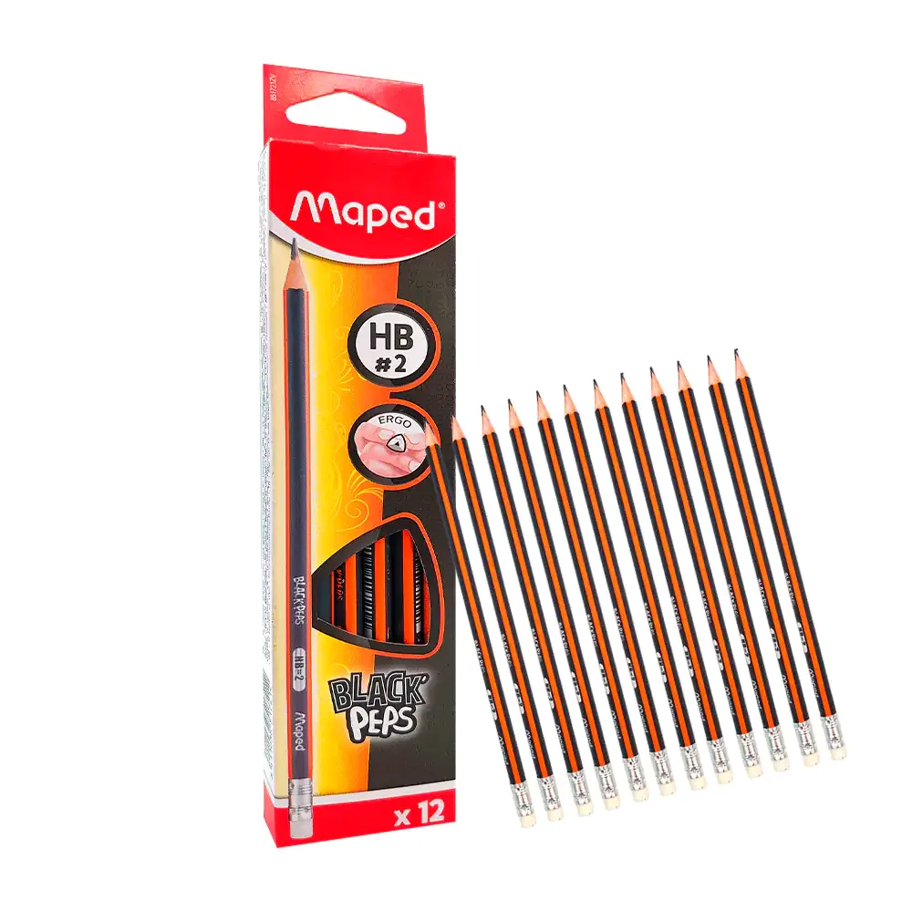 Paquete con 12 lápices triangulares de grafito mina 2hb black peps con borrador