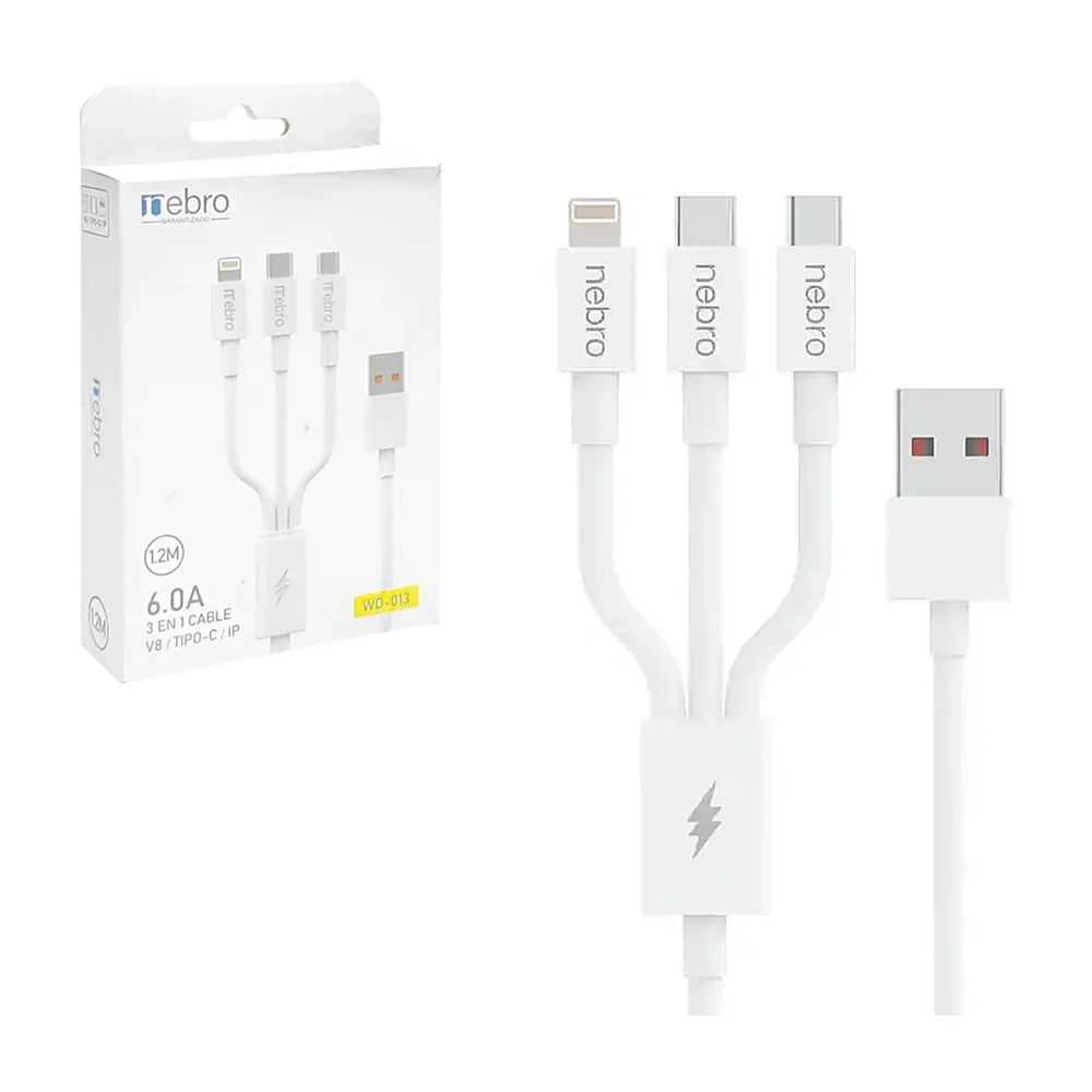 Cable cargador 3 en 1, de 1.2 metros con entradas v8, tipo c y lightning / 361061