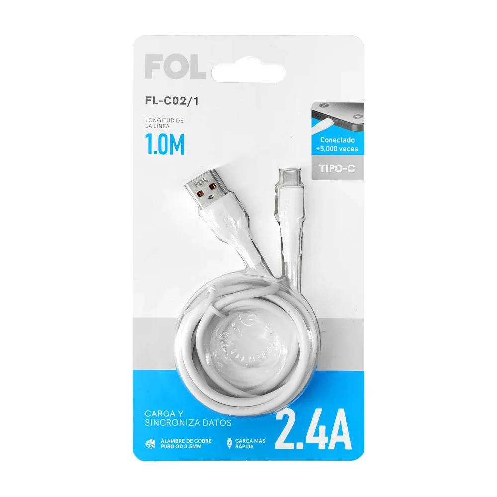 Cable reforzado fol de 1m con entrada usb a tipo c para carga y sincronización de datos, 2.4a / fl-c02/1