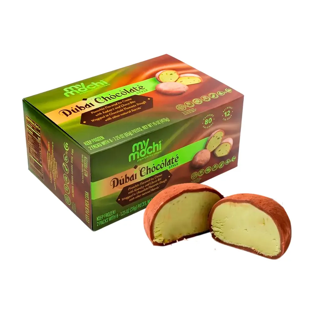 Paquete con 12 bolitas de helados tipo mochi con sabor, chocolate dubai, 420g