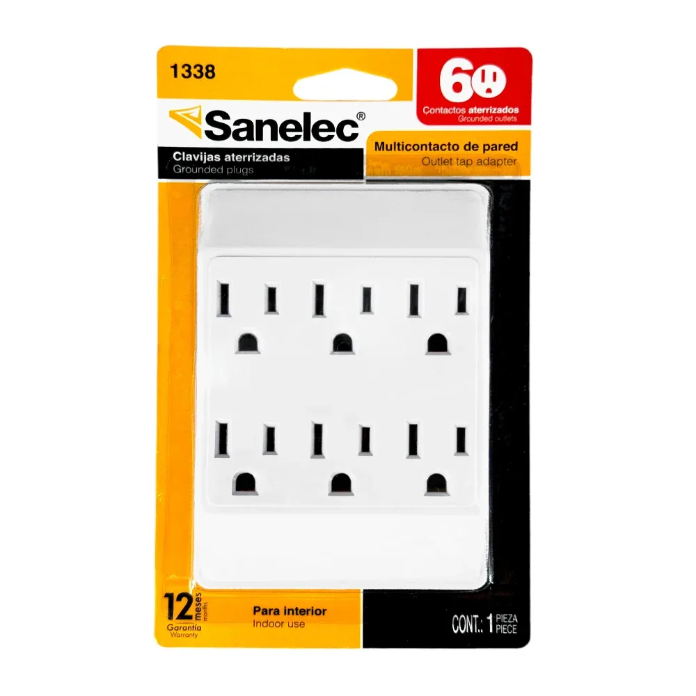Cuadro multicontacto sanelec con 6 tomacorrientes para pared, clavijas aterrizadas, para uso interior / 1024 / 1338