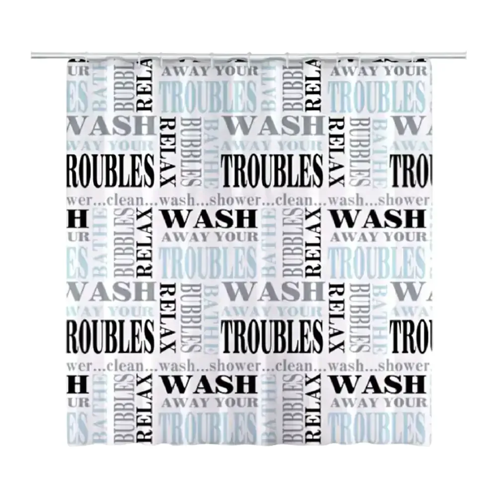 Cortina para baño de plástico resistente 180x180cm con 12 aros y diseño de palabras