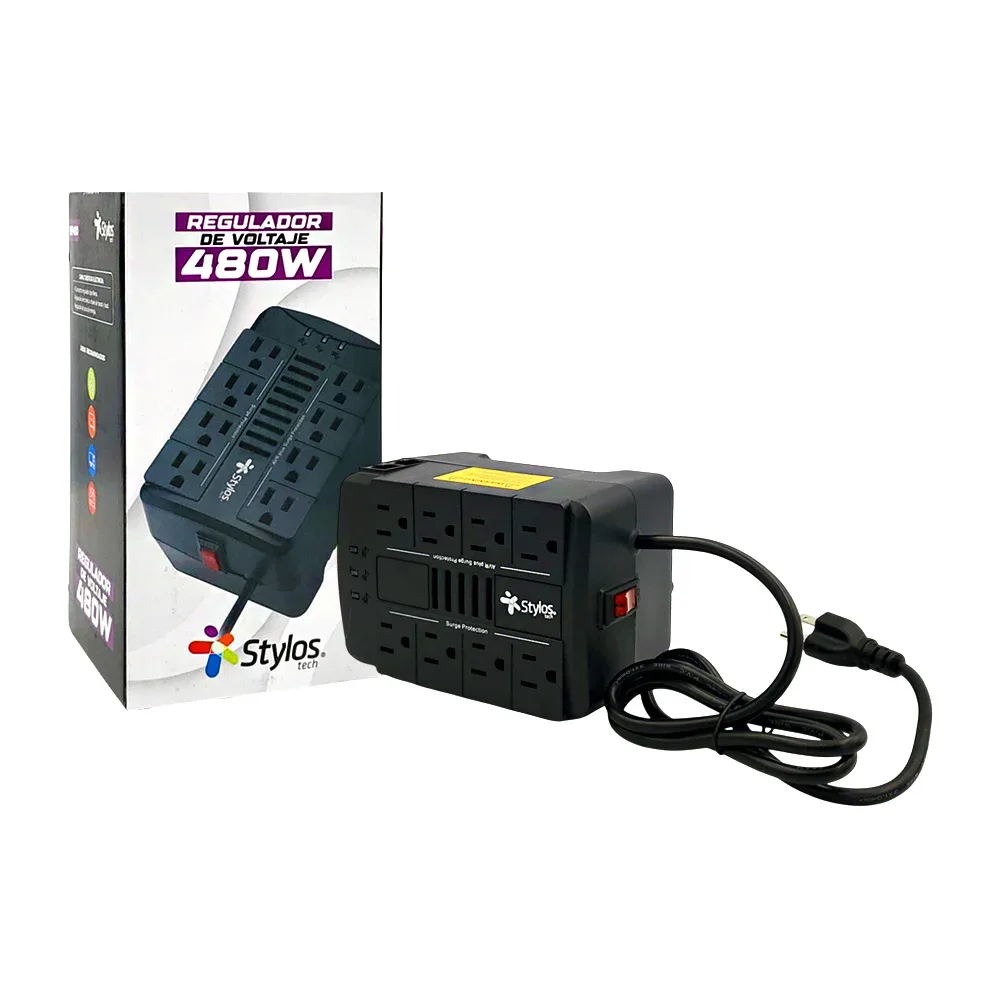 Regulador de voltaje stylos con 4 contactos con protección de voltaje automático y 4 contactos para sobretensiones, luces led, 156x105x100mm, 480w / sre480b