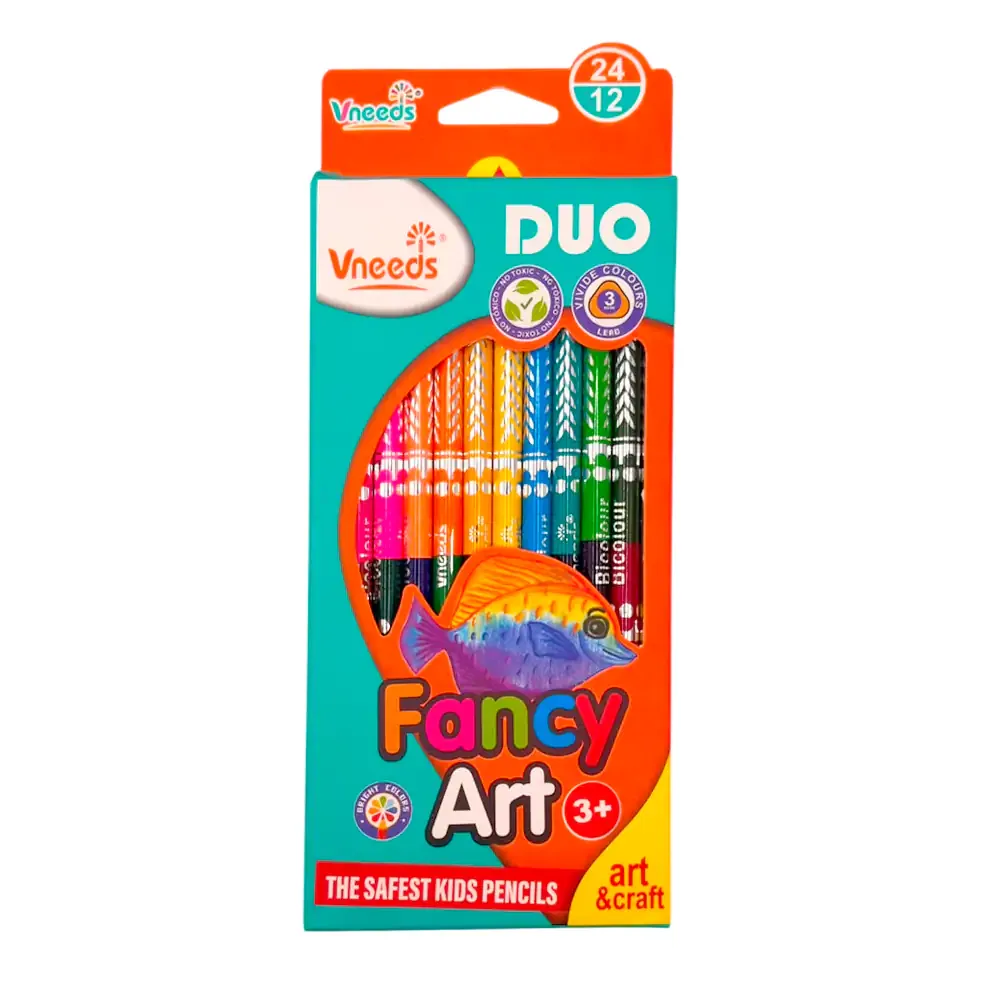 Caja vneeds con 12 lápices duo bicolores de madera, variedad de colores