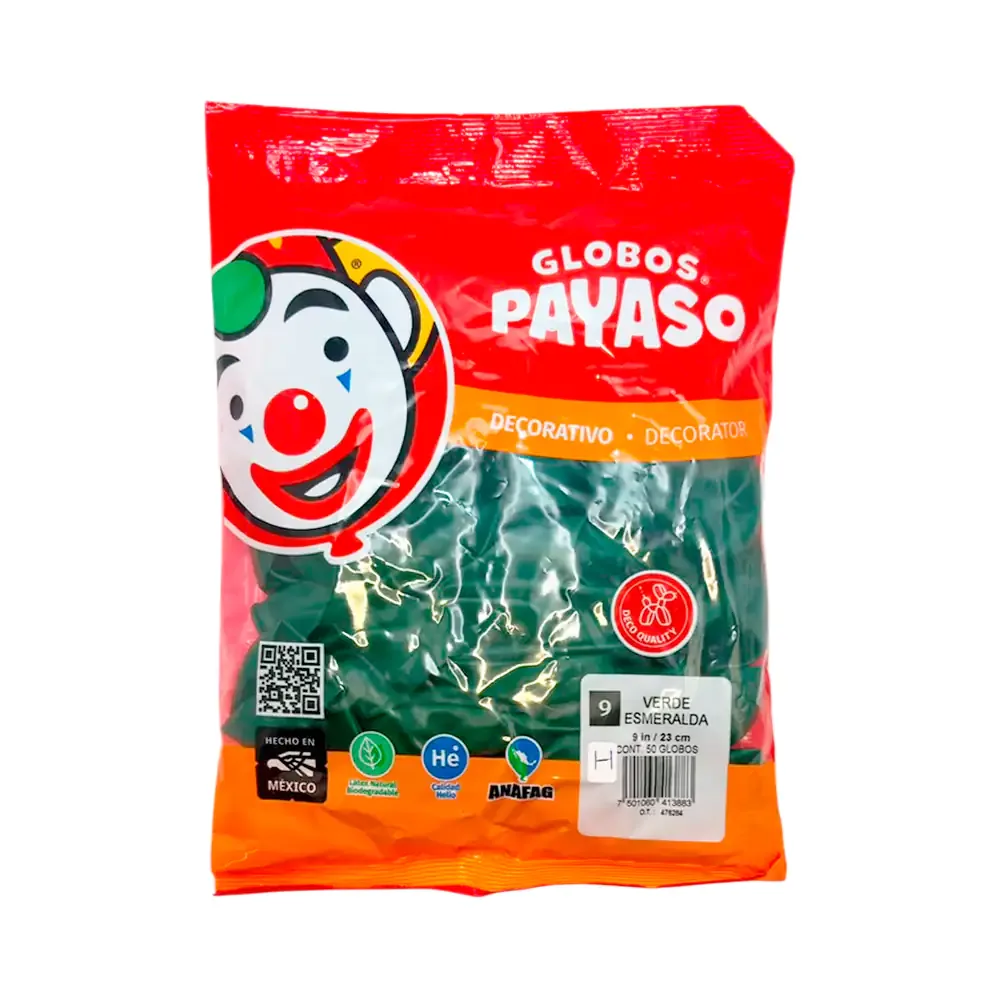 Paquete con 50 globos payaso de 9 pulgadas en tono verde esmeralda / 413883