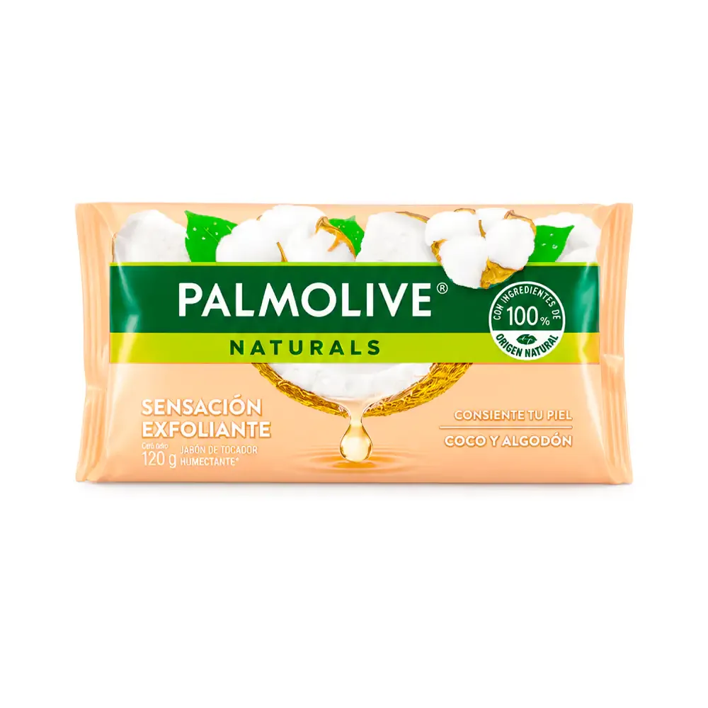 1pz jabón en barra palmolive naturals con aroma coco y algodón, sensación exfoliante, 120g / 682310