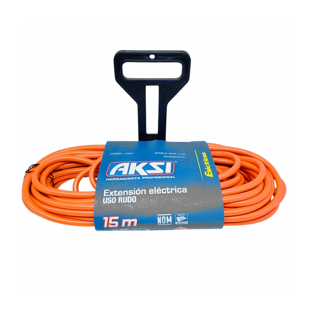 Extensión naranja eléctrica aksi de uso rudo con 3 contactos y 15 metros de longitud / extr-15-ak