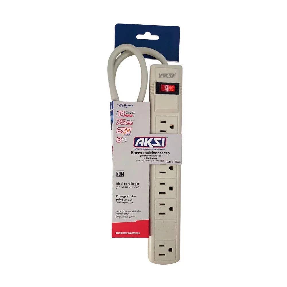 Barra multicontacto aksi con 6 tomacorrientes contactos, cable de 75cm y 270 joules / mul14-6e-270-ak