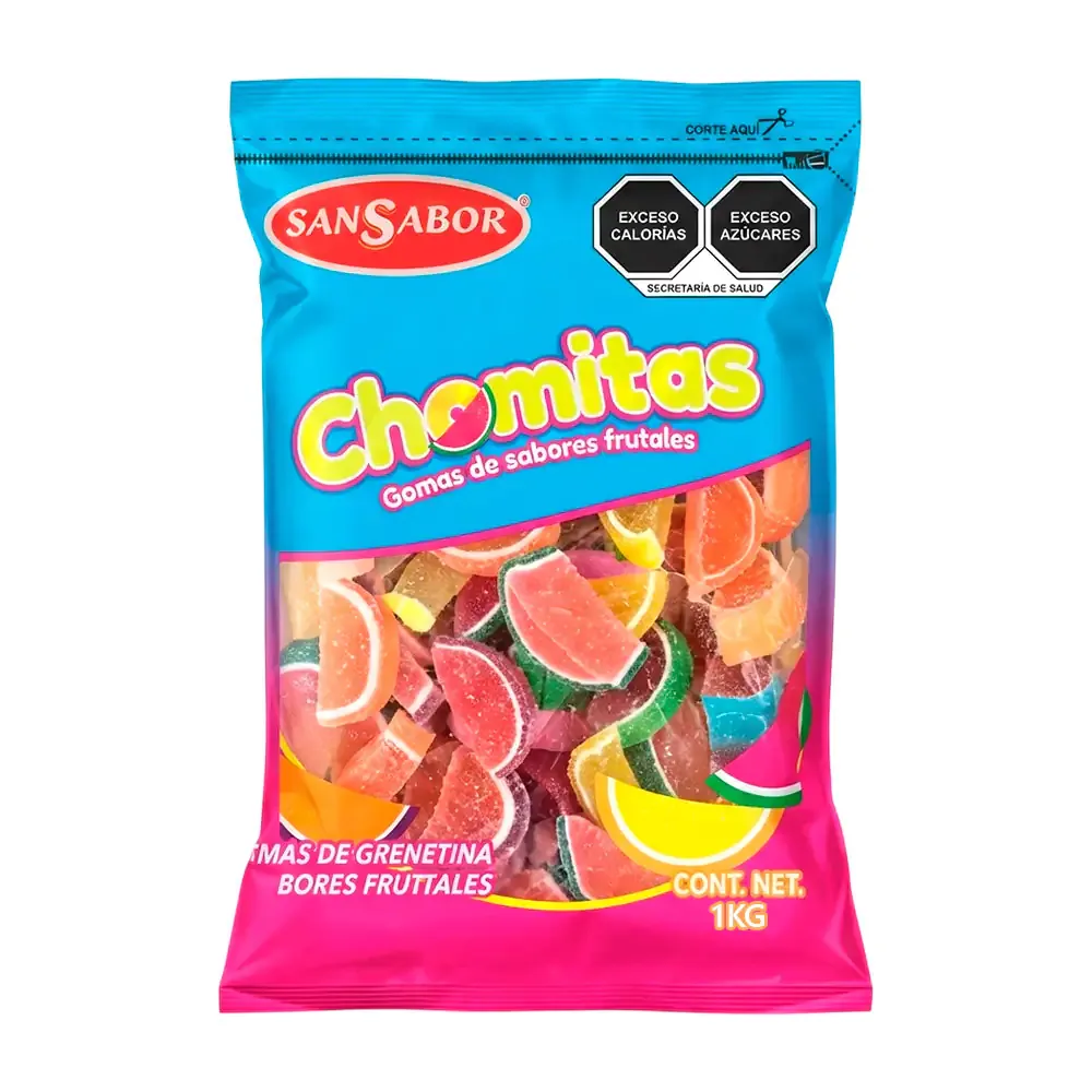 Paquete con gomitas chomitas en forma de gajo con sabores frutales, 1kg