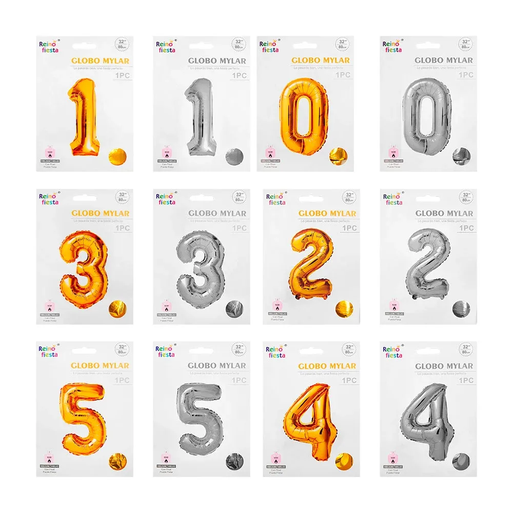 1pza Globo grande metálico para fiestas con forma de número y medida de 32 pulgadas, variedad de modelos y colores / 80cms / mylar / reino fiesta