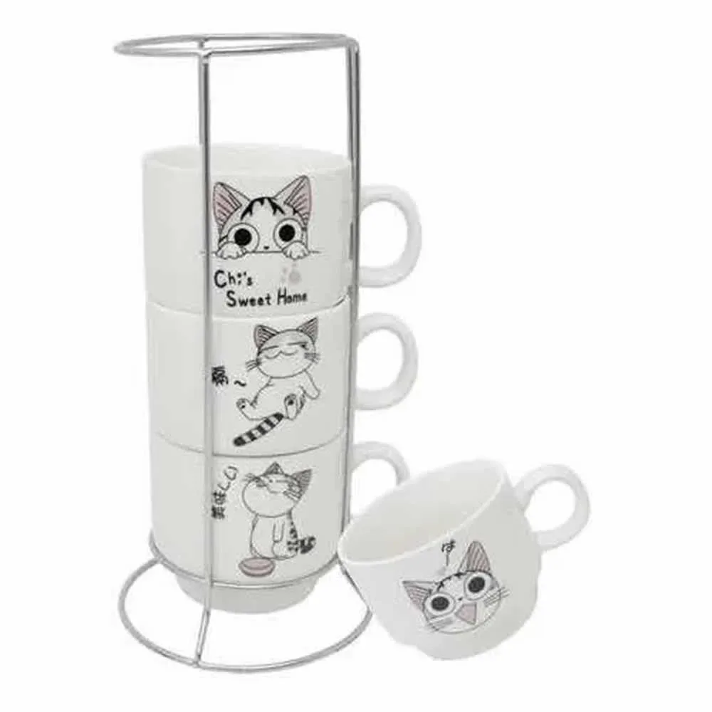 Set de 4 tazas con diseño de gato + base metálica c251-190