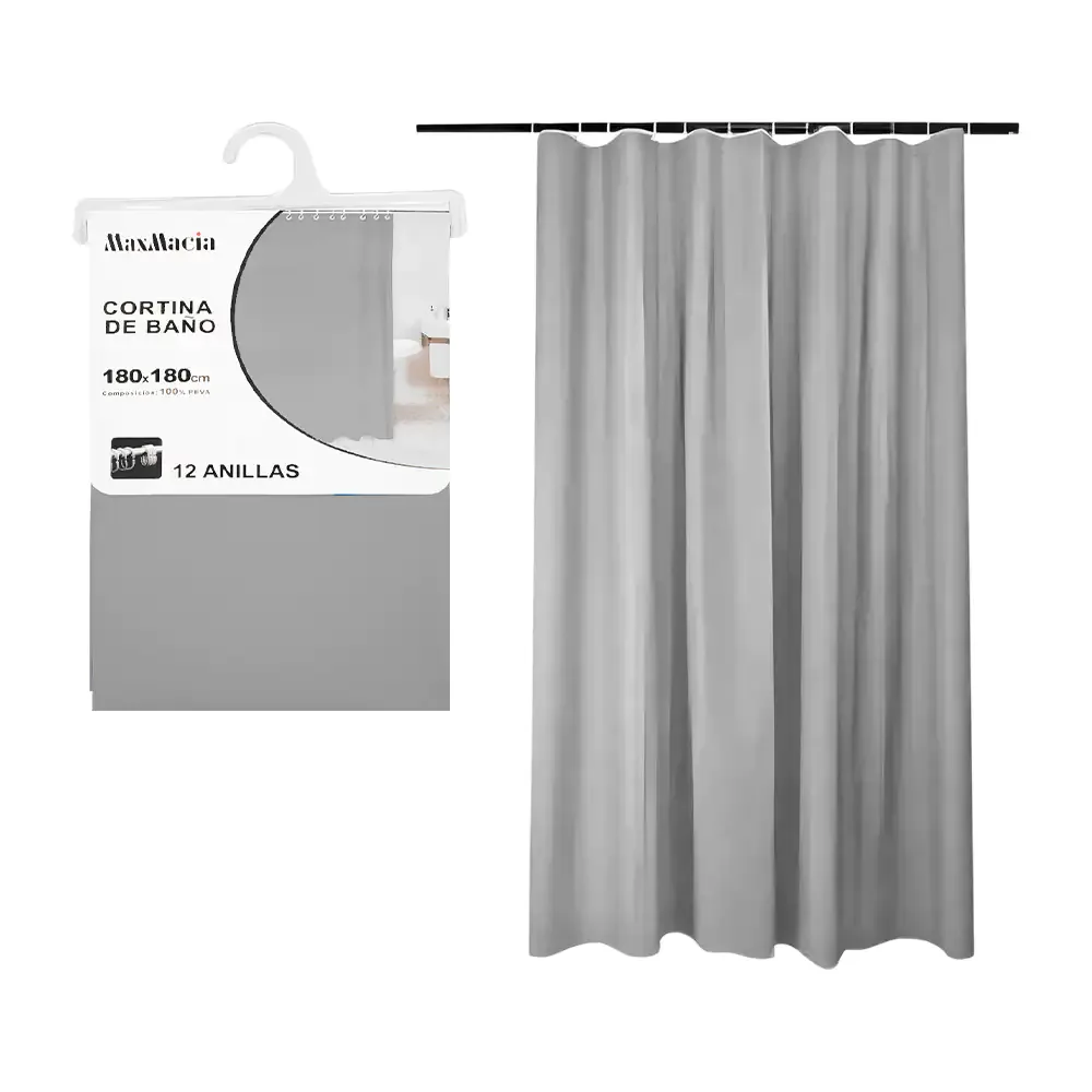 Cortina lisa para baño de plástico en color gris con 12 ganchos, 180cm x 180cm