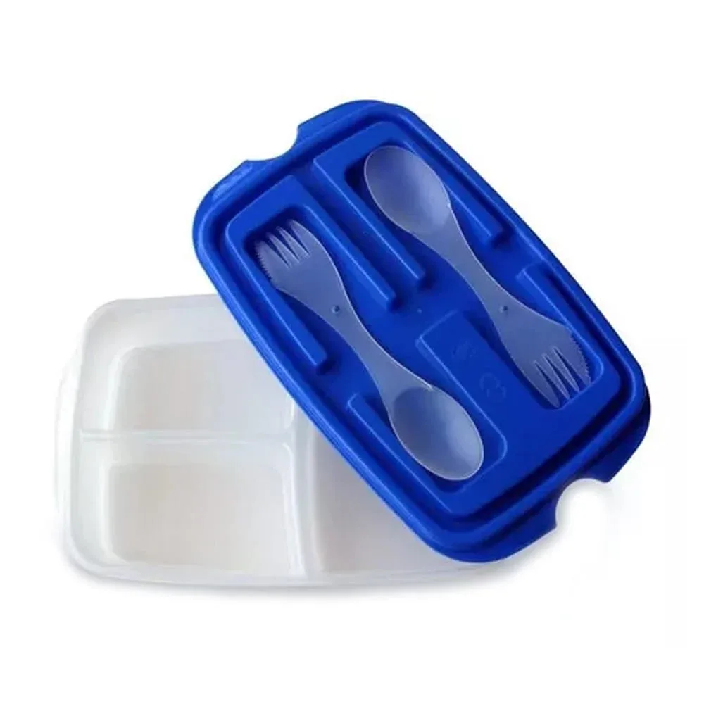 Tupper rectangular de plástico con 3 compartimentos y cubierto, variedad de colores y diseños / viassin 23-fh-15510