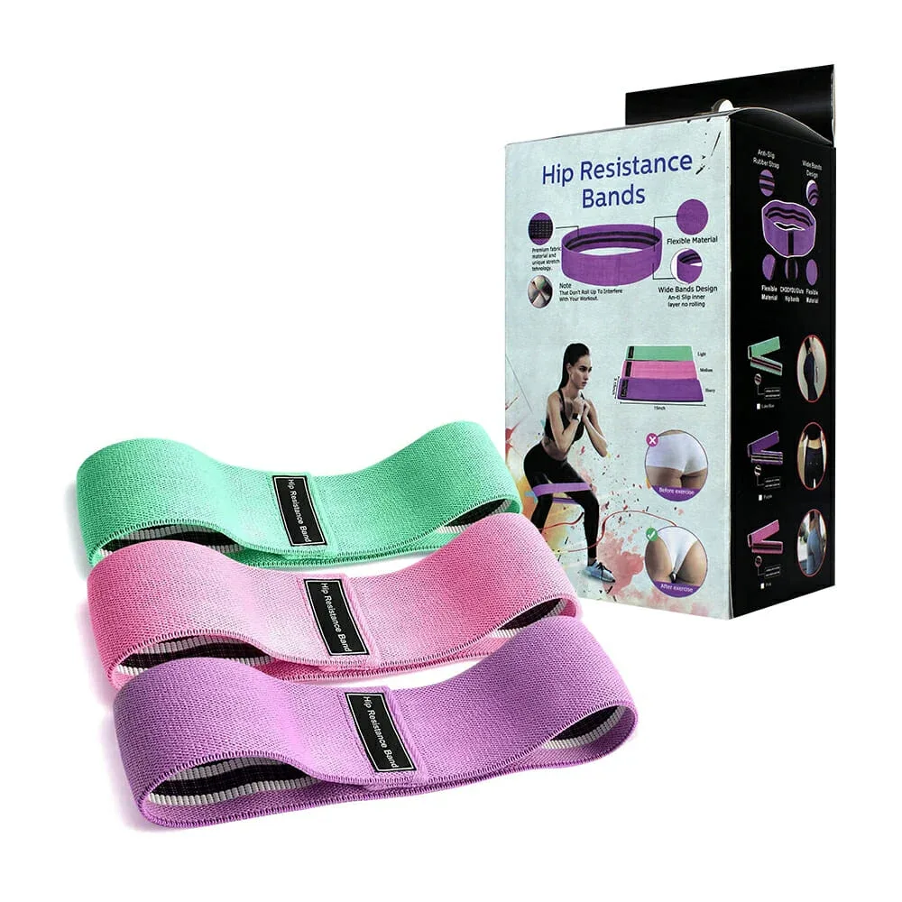 Caja 3 ligas / bandas de resistencia de tela, variedad de colores dep.21