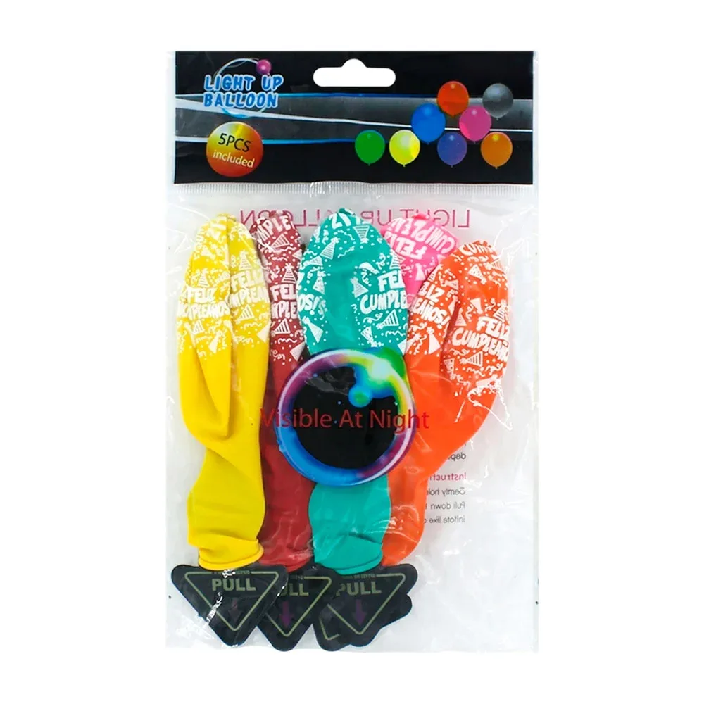 Set 5 globos de látex feliz cumpleaños con luz led, variedad de colores / af0173