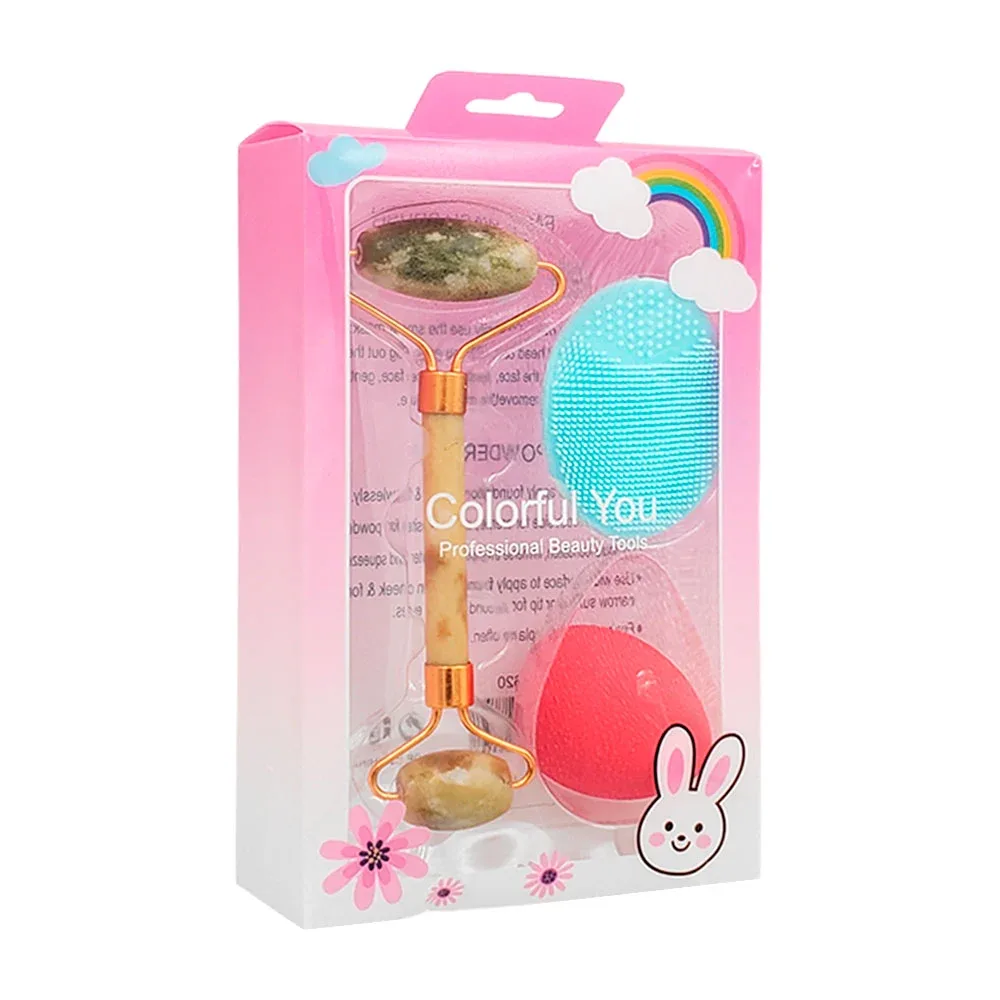 Kit para cuidado facial con rodillo de jade, esponja y limpiador, variedad