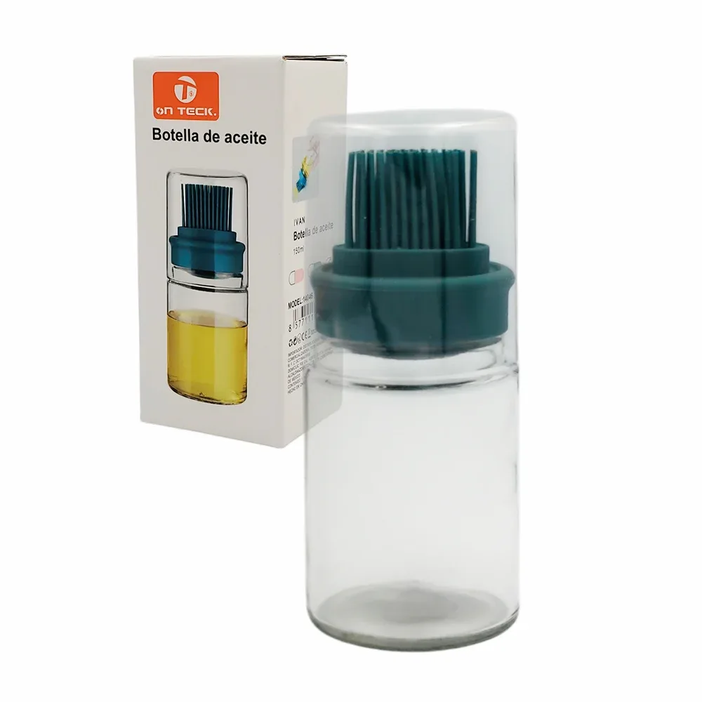 Frasco botella dispensadora de cristal transparente con capacidad 150ml y cepillo de silicona para aceite, variedad de colores / on teck / 14046